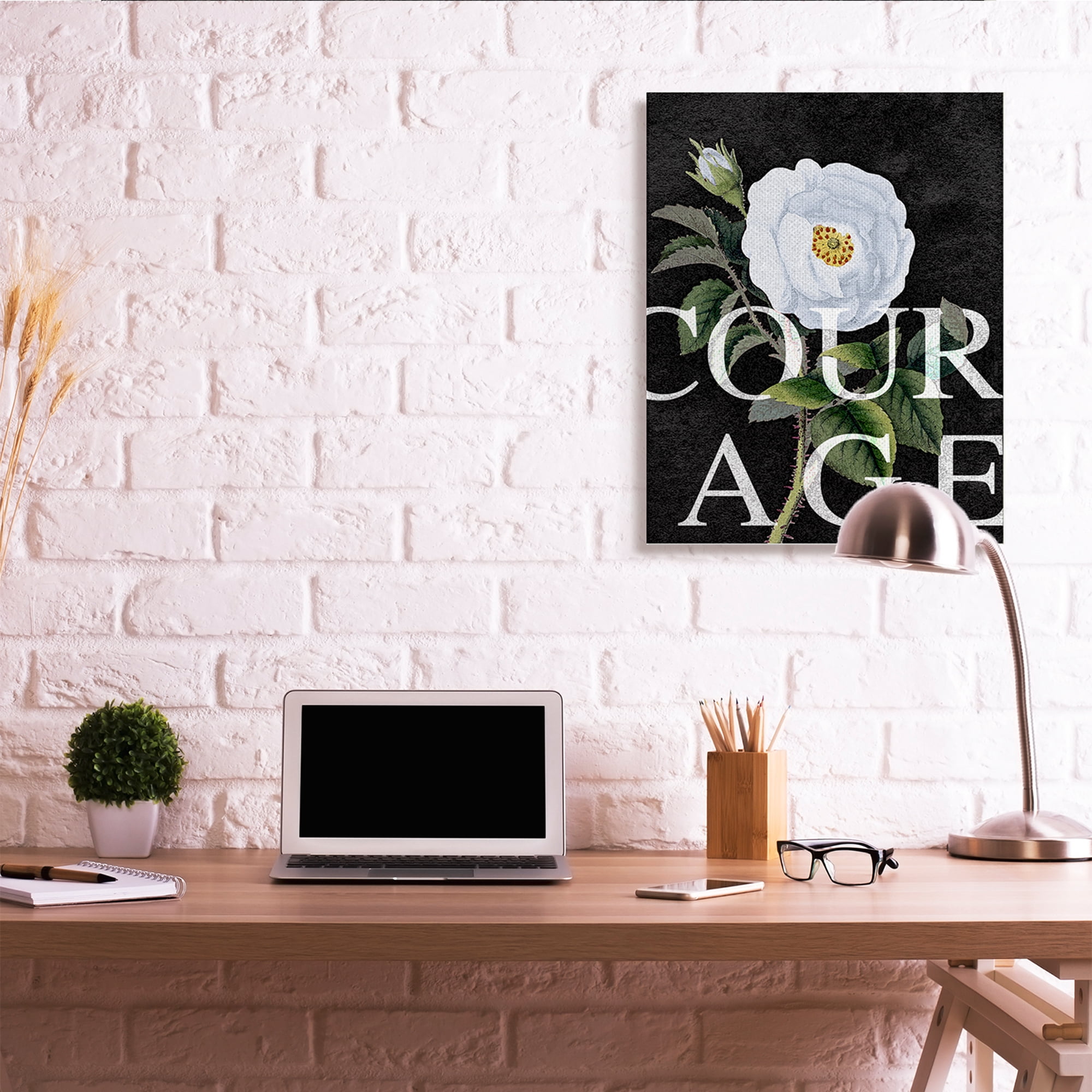 Stupell Industries Courage Text over Vintage White Rose Floral Canvas Wall Art, 30 x 40, Design by Daphne Polselli