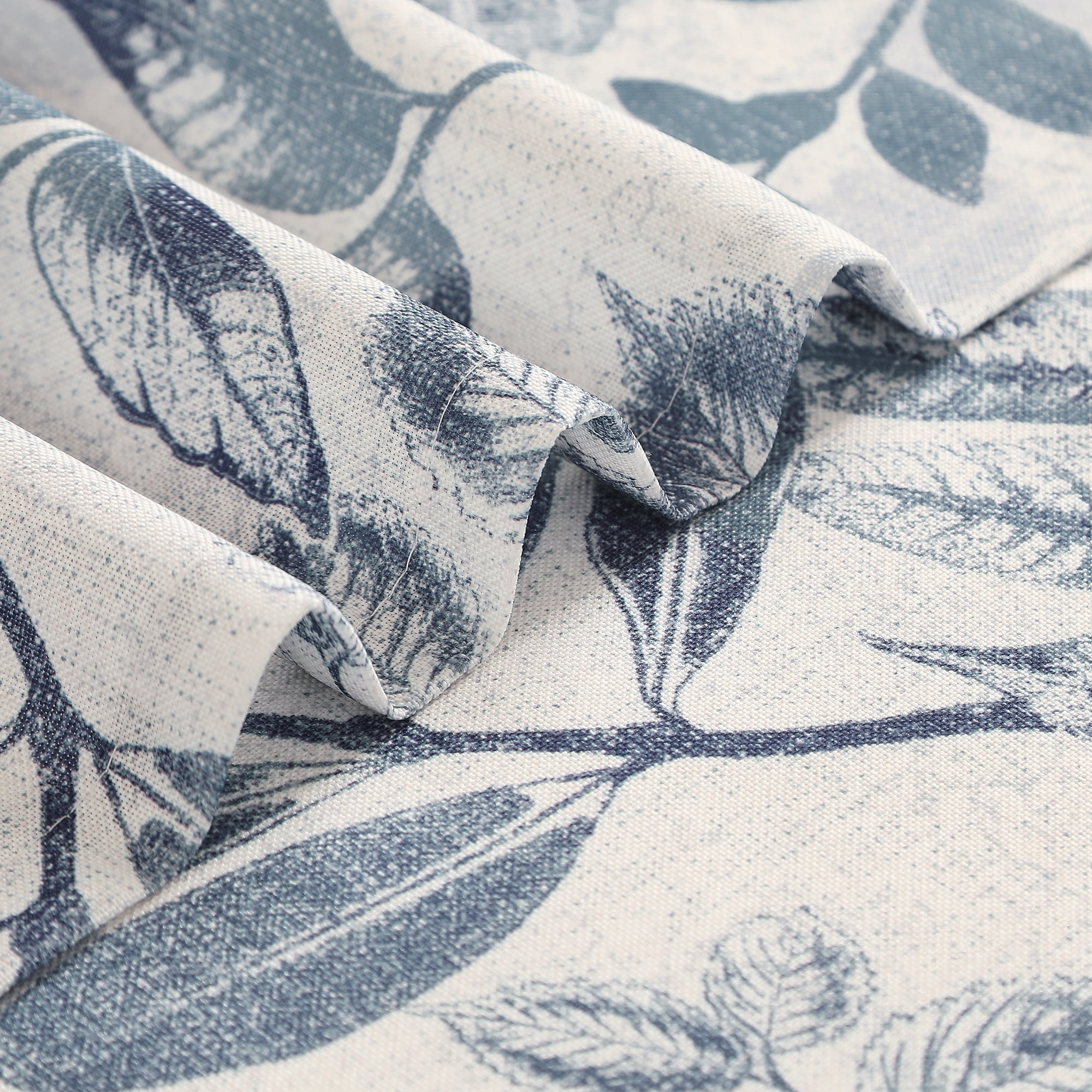 Bohogeo Linen Curtains for Living Room 84 inch Length Leaf Print Botanical Sheer Curtains Natural Texture Soft Touch Light Filtering Privacy Protect Drapes, Blue, 55" Wide, Set of 2 Panel