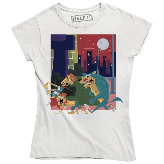 Zombie Wolf Chasing Human in City Light Funny T-Shirt