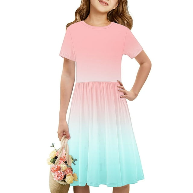 Été jusqu'à 65 % de Rabais Iumwxz Robe Décontractée Trapèze Robe Tunique pour Adolescentes Robes Col Rond Dégradé Graphique Robe à Manches Courtes pour Enfants Robes Tendance pour Costume 4-14 Ans
