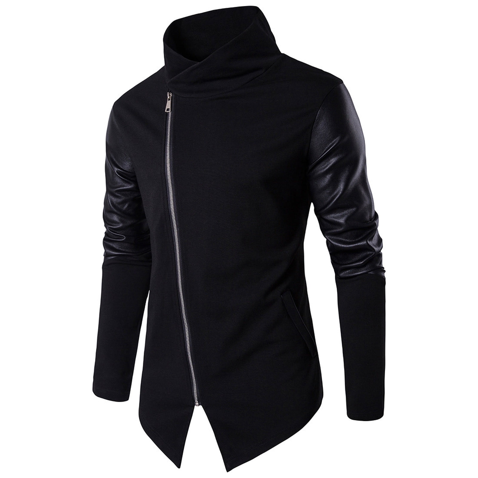 IROINNID Men's Long Sleeve Faux Leather Mid-Length Jacket Solid Color Loose Patchwork Sweater With Irregular Hem Stand Collar Slim Fitting Sweater Coat