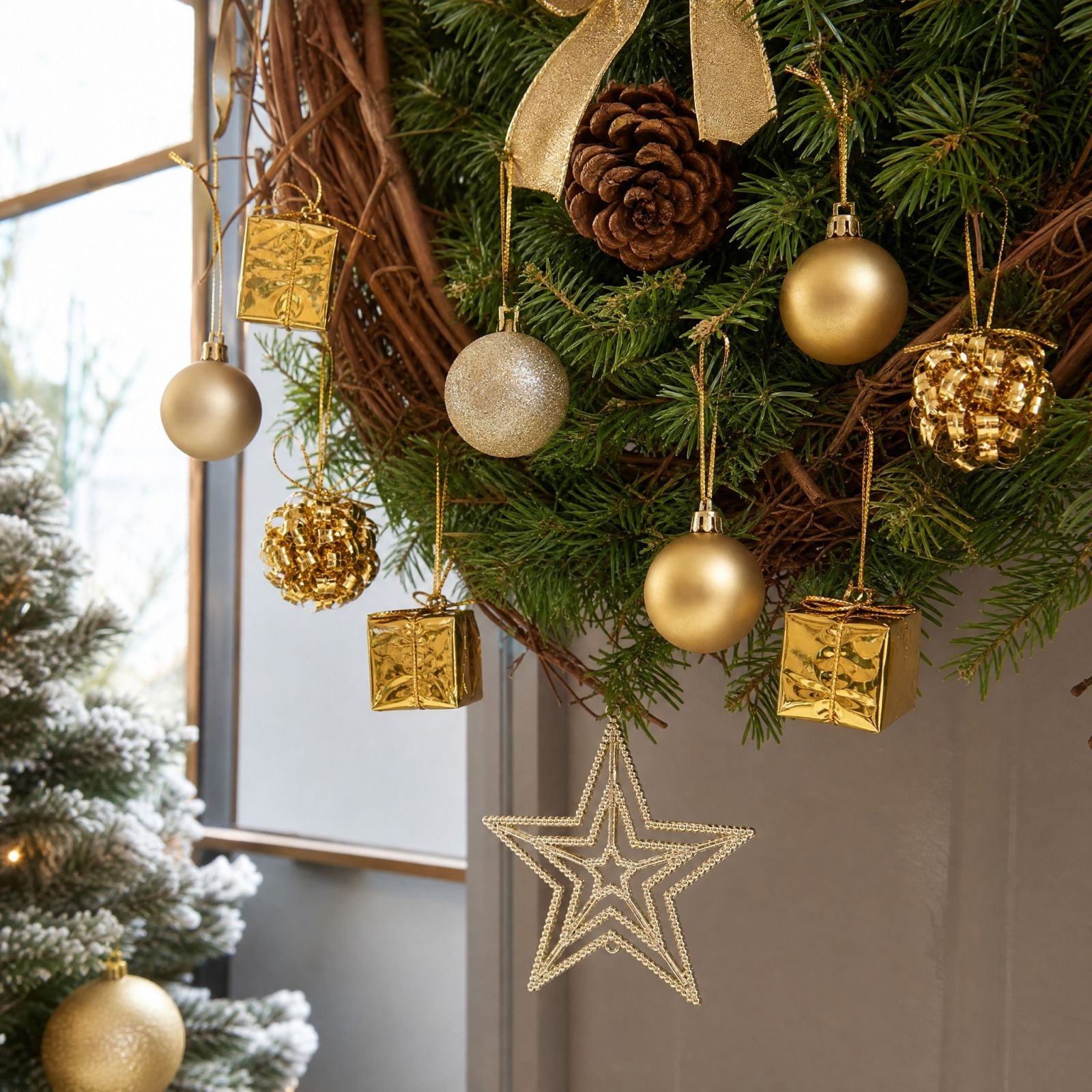 Christmas Ornaments Set Gold Christmas Tree Decorations with Gift Box Pendants Matte Glitter Baubles Curly Ornaments and Star Hanging Decor for Tree Wreath Fireplace Window Holiday Party