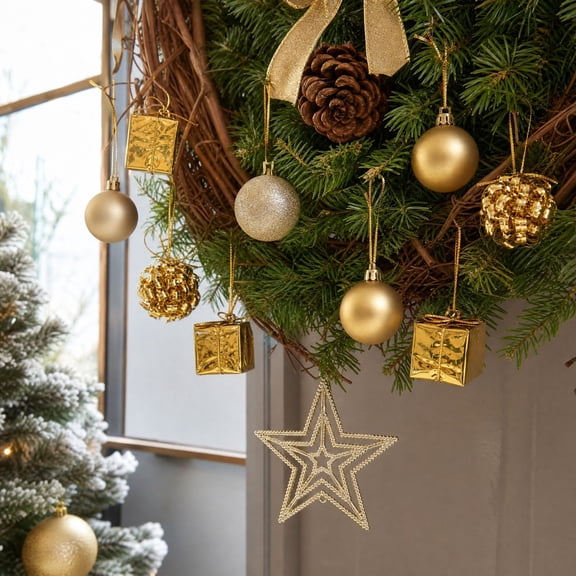 13 PCS Gold Christmas Ornament Set Assorted Hanging Decor, Gift Box Pendants Ball Baubles Star for Tree, Gold Christmas Ornaments for Holiday Wreath and Party Display