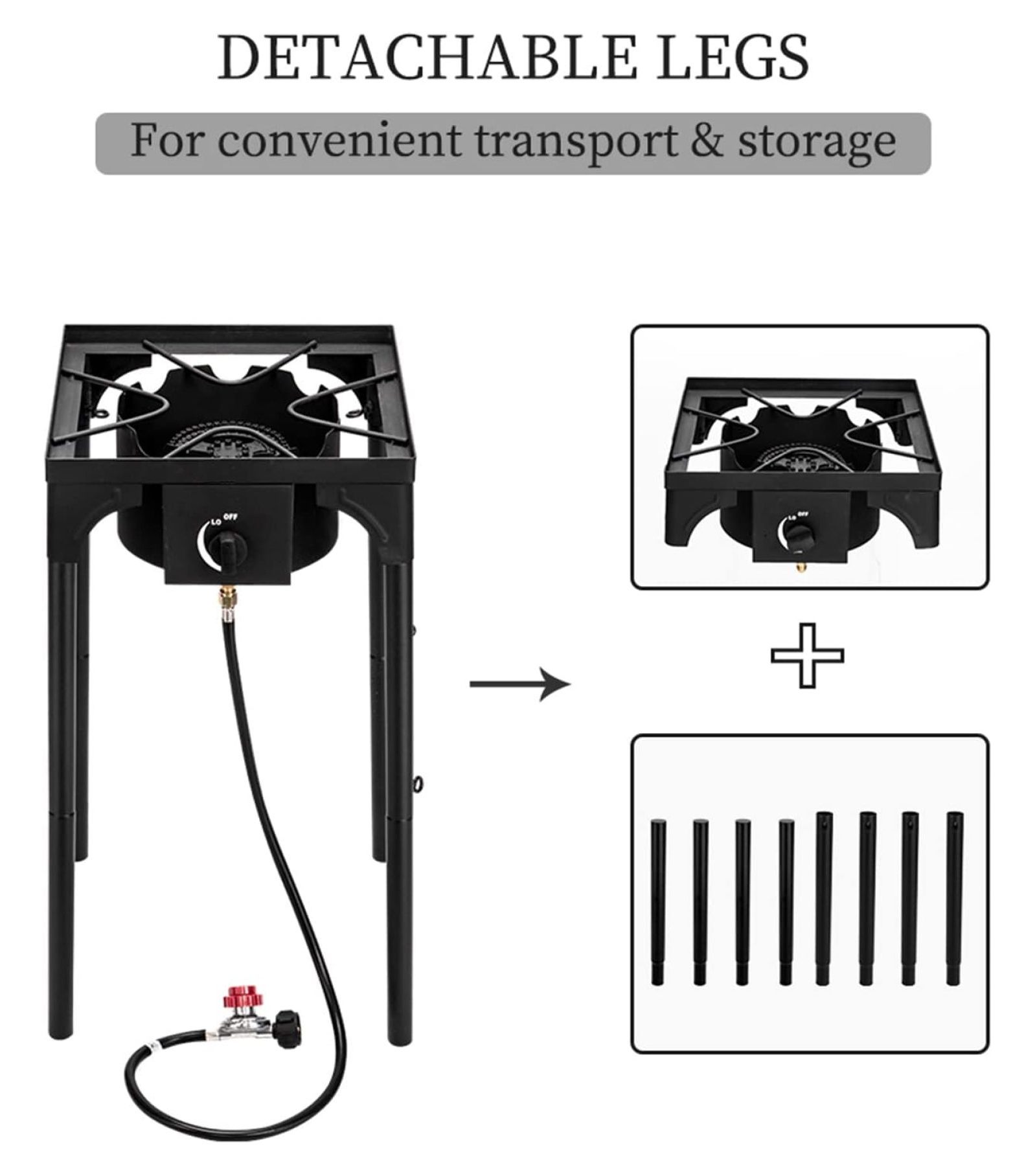 TiaGOC 1 Burner Propane Gas Stove for Outdoor Cooking, 75,000 BTU Camping Cooker with Removable Legs, Temperature Control Knobs for Backyard Cooking, BBQ, Baking and Frying(Single Burner)