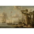 thumbnail image 2 of Jacobus Storck 18x13 Black Ornate Wood Framed Double Matted Museum Art Print Titled - Seaside Landscape with Ancient Ruins on the Coast (1674), 2 of 5