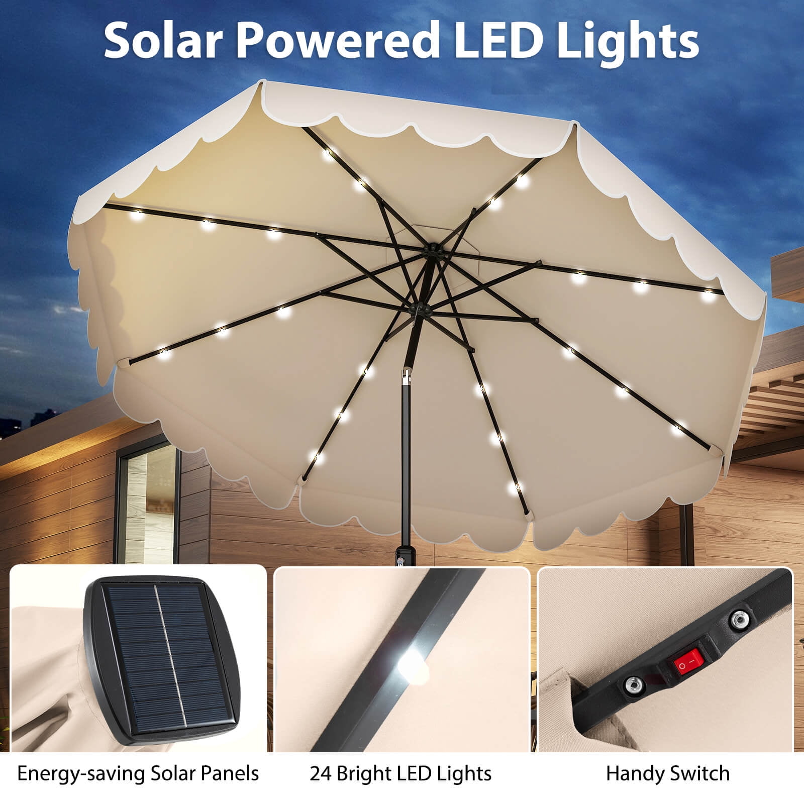 Costway 10 FT Solar Patio Umbrella with 24 LED Lights 8 Ribs & Tilt Adjustment Beige