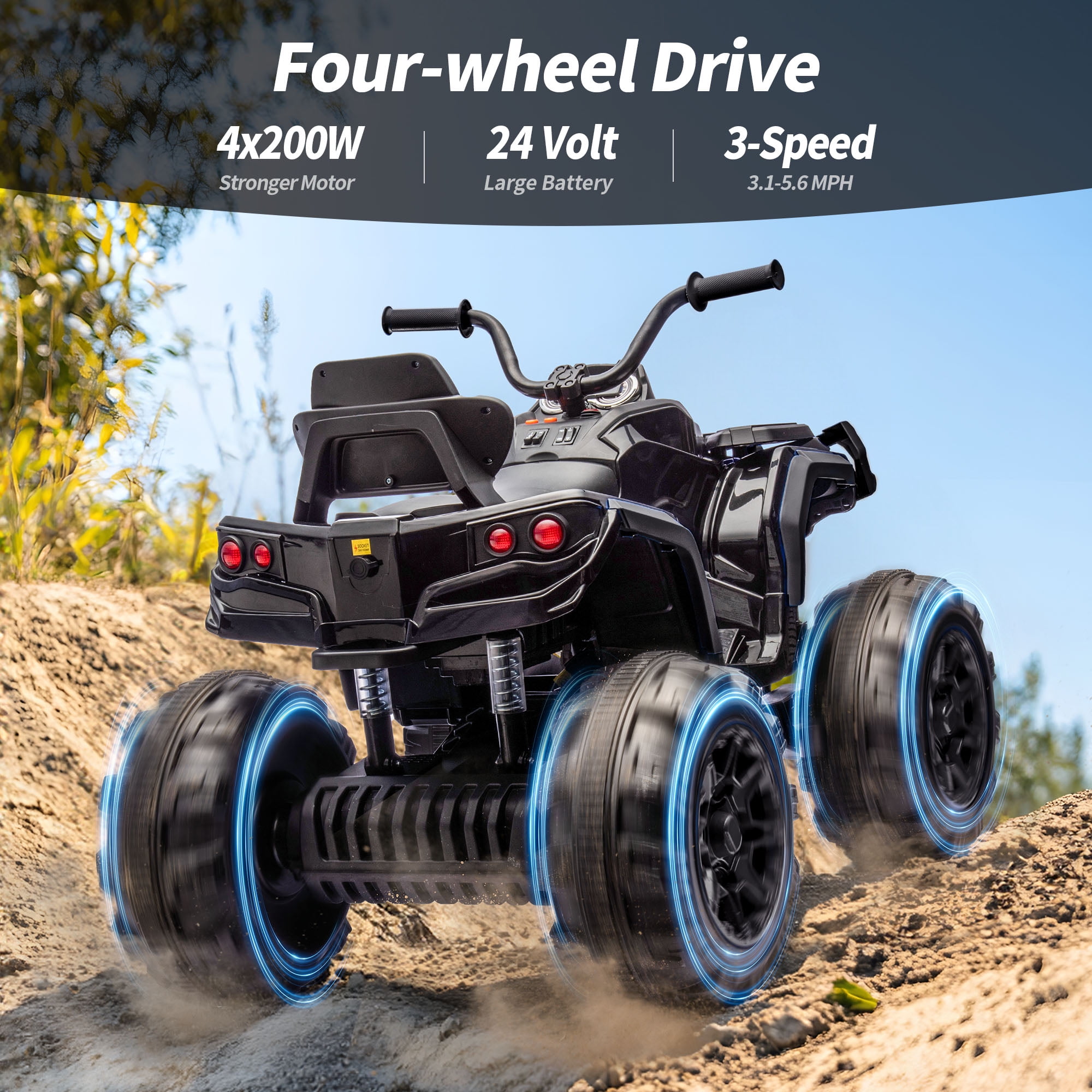 Hikiddo 24V Kids ATV 4-Wheeler, 24 Volt 4WD Ride on Toy for Big Kid w/ 4x200W Motor, 5.6Mph Max Speed - Black