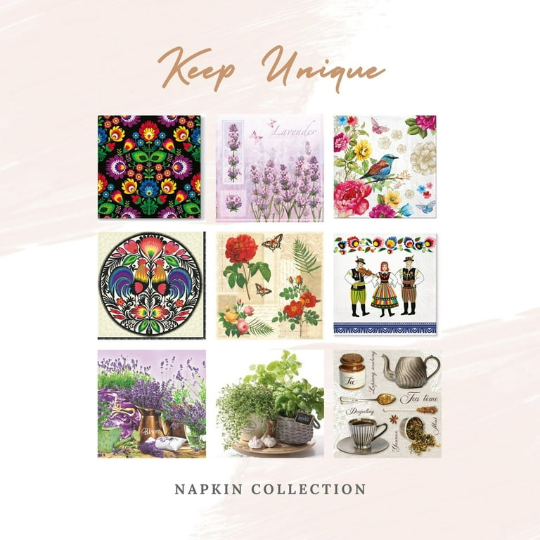 Keep Unique Decoupage Napkins, Flower Decorated Napkins, Assorted Color,  20/Pack 