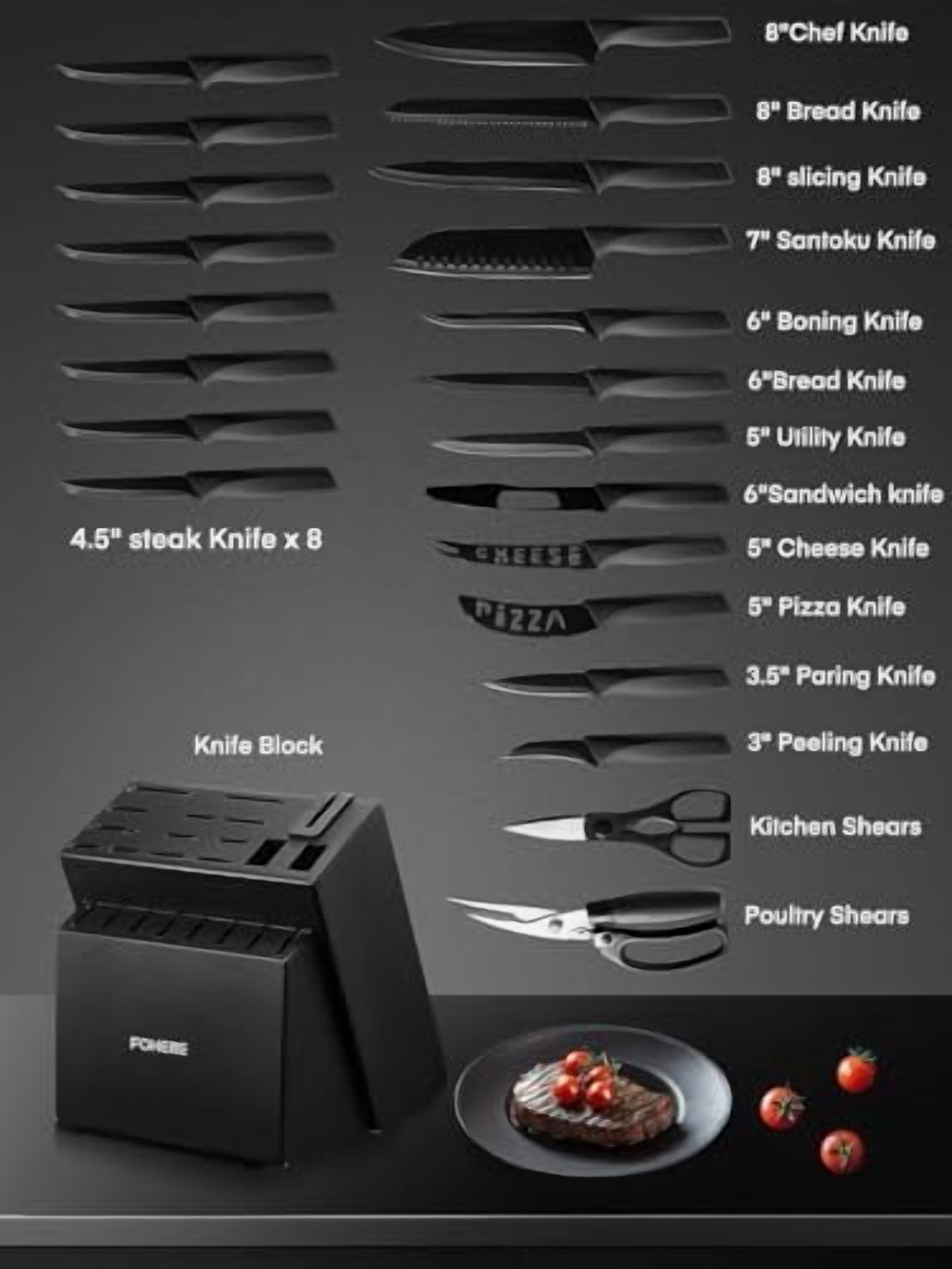 Knife Set23 Pieces Kitchen Knives Set with Block High Carbon Stainless Steel Self-Sharpening Knife Block Set with Built-in Sharpener and Wooden Block with Cheese and Pizza Knife, Black