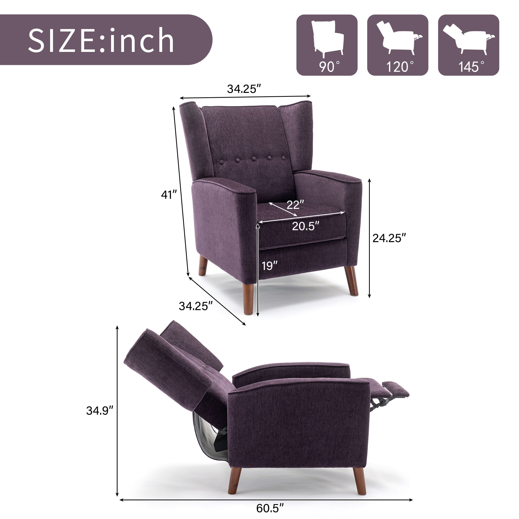 EUROCO 34.25"W Chenille Wingback Chair for Adults, Modern Button Tufted Recliner Chair with Armrest ,Footrest and Solid Wood Legs, Manual Recliner Chairs for Living Room, Nursery