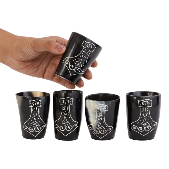 Bhartiya Handicrafts Viking Drinking Horn Hammer Cup Gift Whiskey Shot Cup Glass For Wine, Mead, Ale, Ceramic Medieval Inspired Food Safe Vessel | Game of thrones Thor Engraved | 3'' Pack Of 6)
