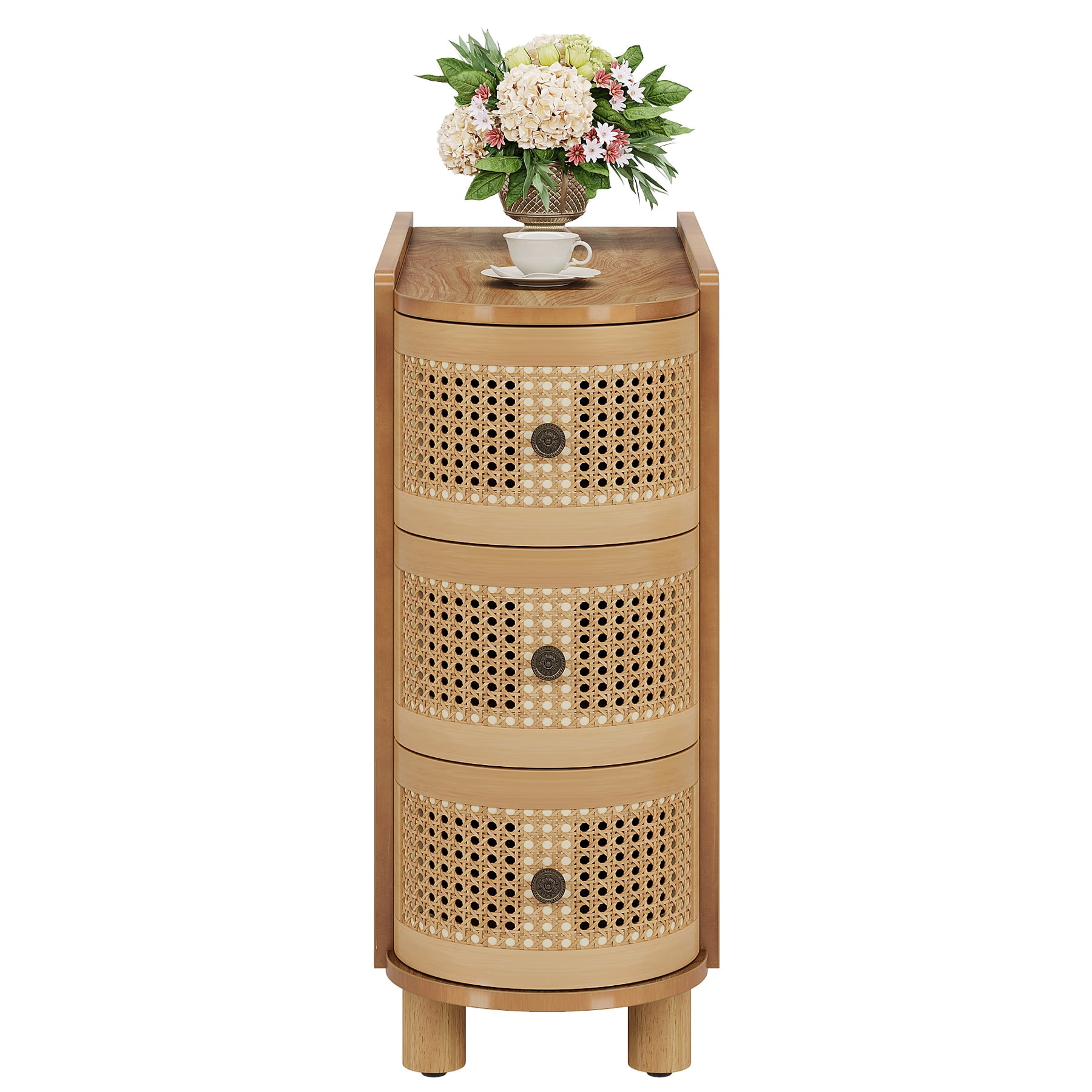 Fnova 26" Solid Wood End Table, Farmhouse Side Table with 3 Rattan Drawers, Slim Sofa Table Nightstand with Vintage Embossed Handles for Living Room, Bedroom, Finished Back, No Assembly