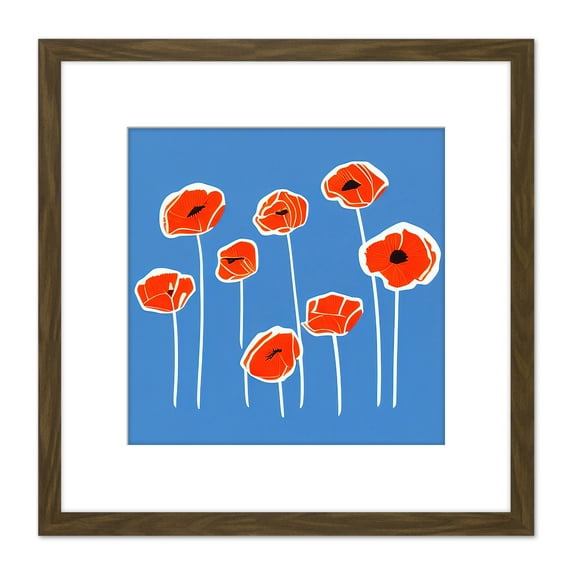 Abstract Minimalist Simple Red Poppy Flowers Square Wooden Framed Wall Art Print Picture 8X8 Inch