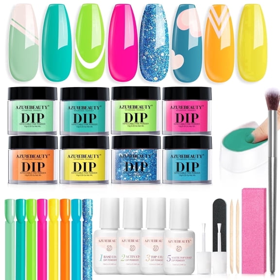AZUREBEAUTY Dip Nails Powder Starter Kit, Hot Pink Neon Yellow Pastel Blue Green 8 Spring Summer Colors with Nail Sticks, Base Glossy Matte Top Coat Activator Liquid Set Manicure Art 30 PCS