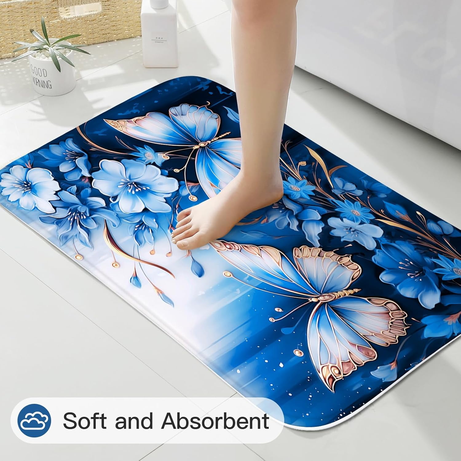 4 Pcs Blue Floral Butterfly Shower Curtain Set with Non-Slip Rugs, Modern Toilet Lid Cover and Bath Mat, Sparkling Bathroom Decor Set with Shower Curtain and Rugs