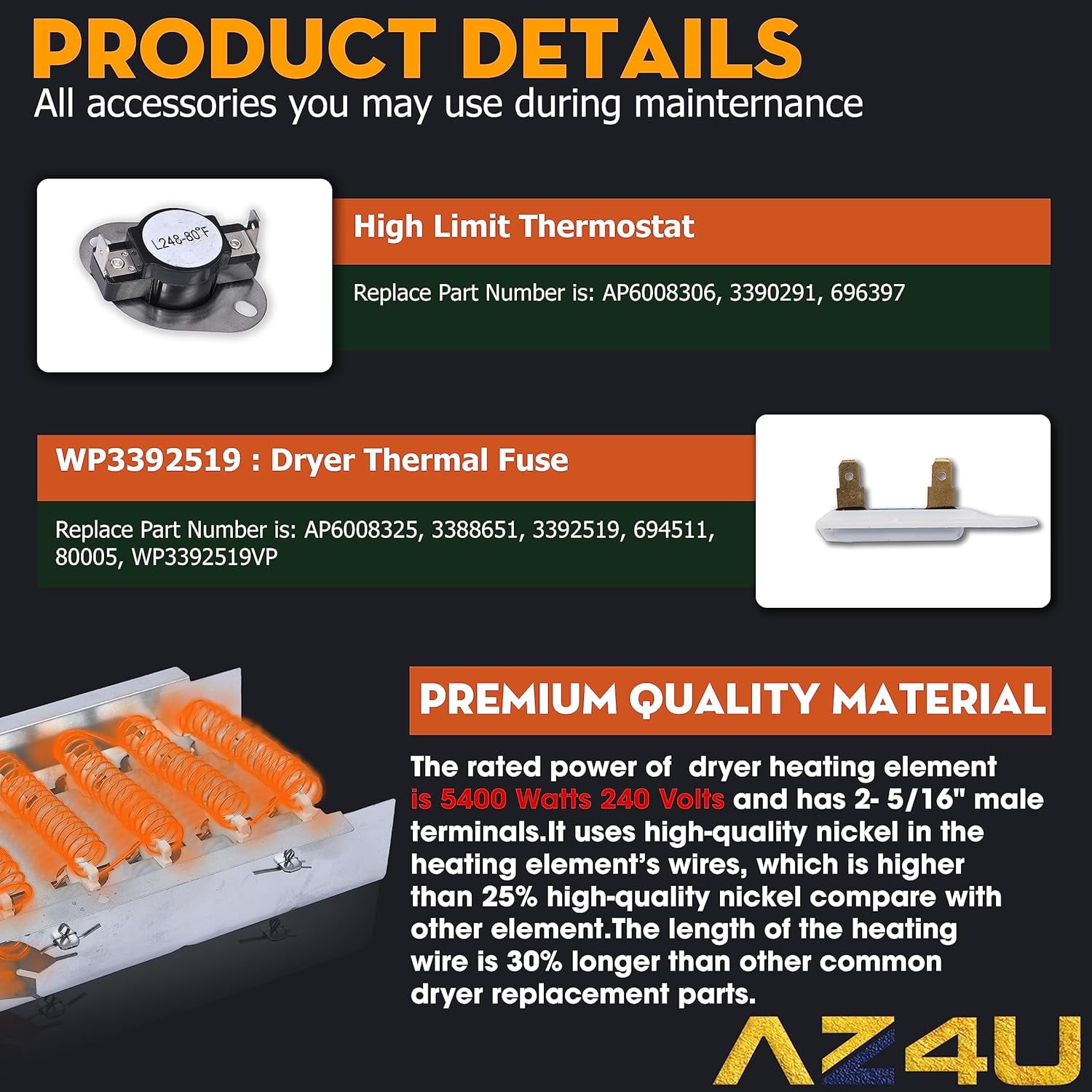 279838 Dryer Heating Element Replace 14210029 4531017 4617547 279837 With 3392519 Thermal Fuse 279816 Thermal Cut-Off Kit 3977767 3387134 Thermostat For Whirlpool, Kenmore, Roper, Amana, Kenmore