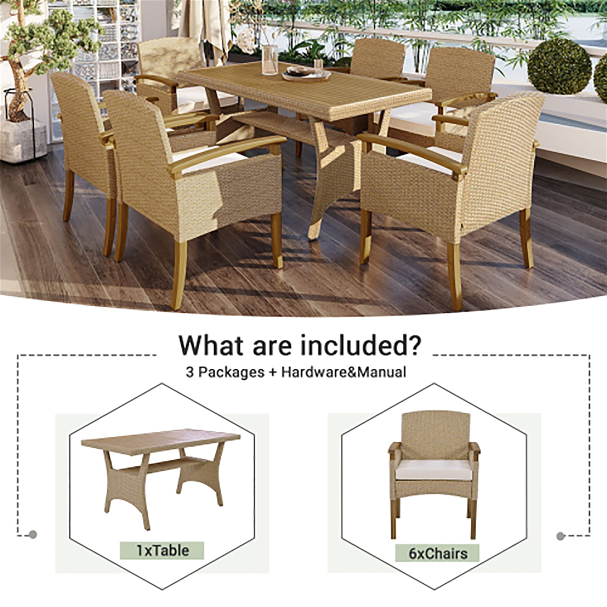 Kadyn All Weather PE Rattan Dining Set , Outdoor Patio 7-Piece Dining Table Set with Wood Tabletop and Cushions for 6 White