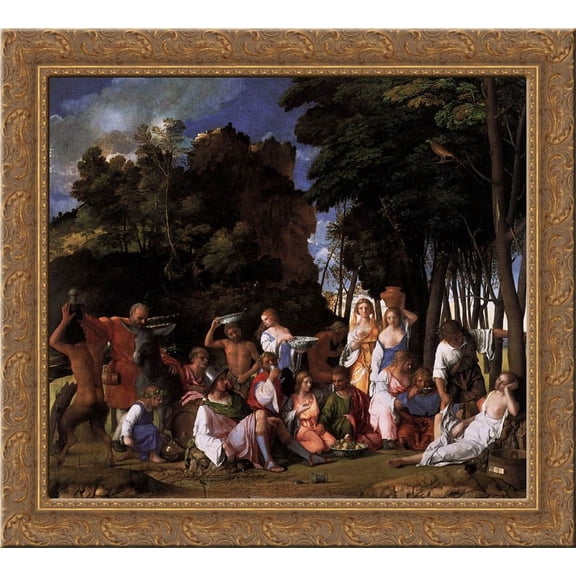 The Feast of the Gods 20x20 Gold Ornate Wood Framed Canvas Art by Bellini, Giovanni