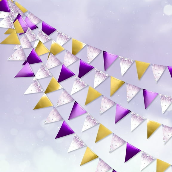 Cheerland 28ft Floral Paper Triangle Flags Glitter Bunting Party Banner, Purple  Gold White