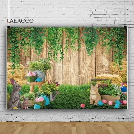 Image of Easter Backdrop Spring Grass Rabbit Colored Eggs Photographic Background Wood Board Wall Photography Photo Studio Photophone