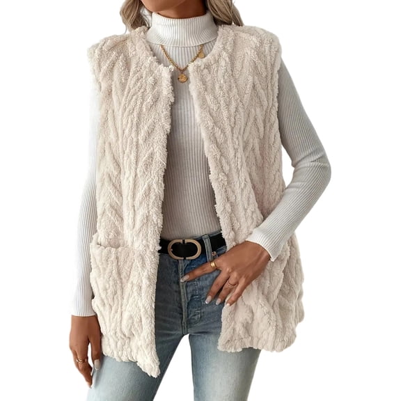 HNMKIU Women's Elegant Sleeveless Vest Jacket Casual Round Neck Outerwear Coat Soft Womens Jackets for Stylish Daily Wear Beige,L