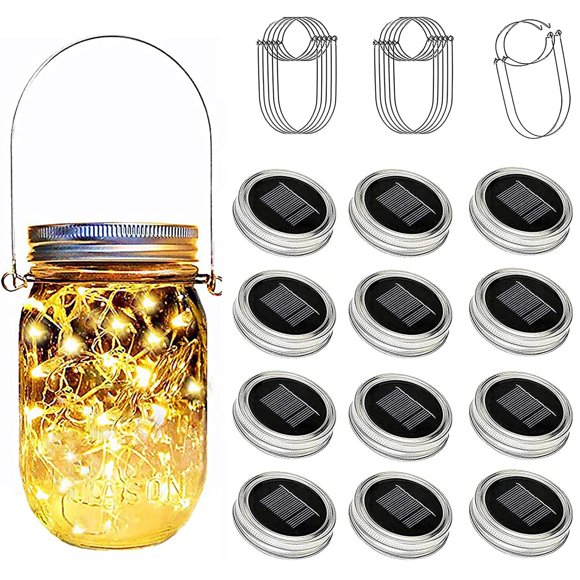 ostritec Tapas de luces solares para tarros de masón, paquete de 12, 30 luces LED de hadas (frascos no incluidos) para colgar al aire libre, luces solares en tarro, luces de luciérnaga para patio, jar
