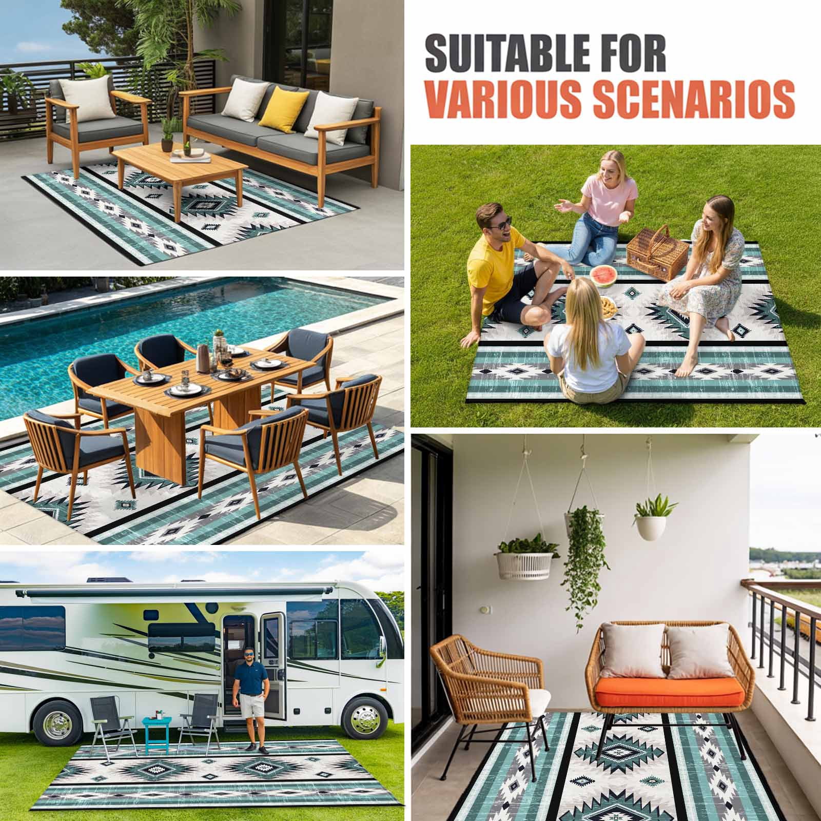 Turquoise Boho Outdoor Rug for Patio/Deck/Porch, Non-Slip Large Area Rug 5 x 8 Ft, Southwestern Ethnic Aztec Retro Geometric Indoor Outdoor Rugs Washable Area Rugs, Camping Rug Carpet Runner