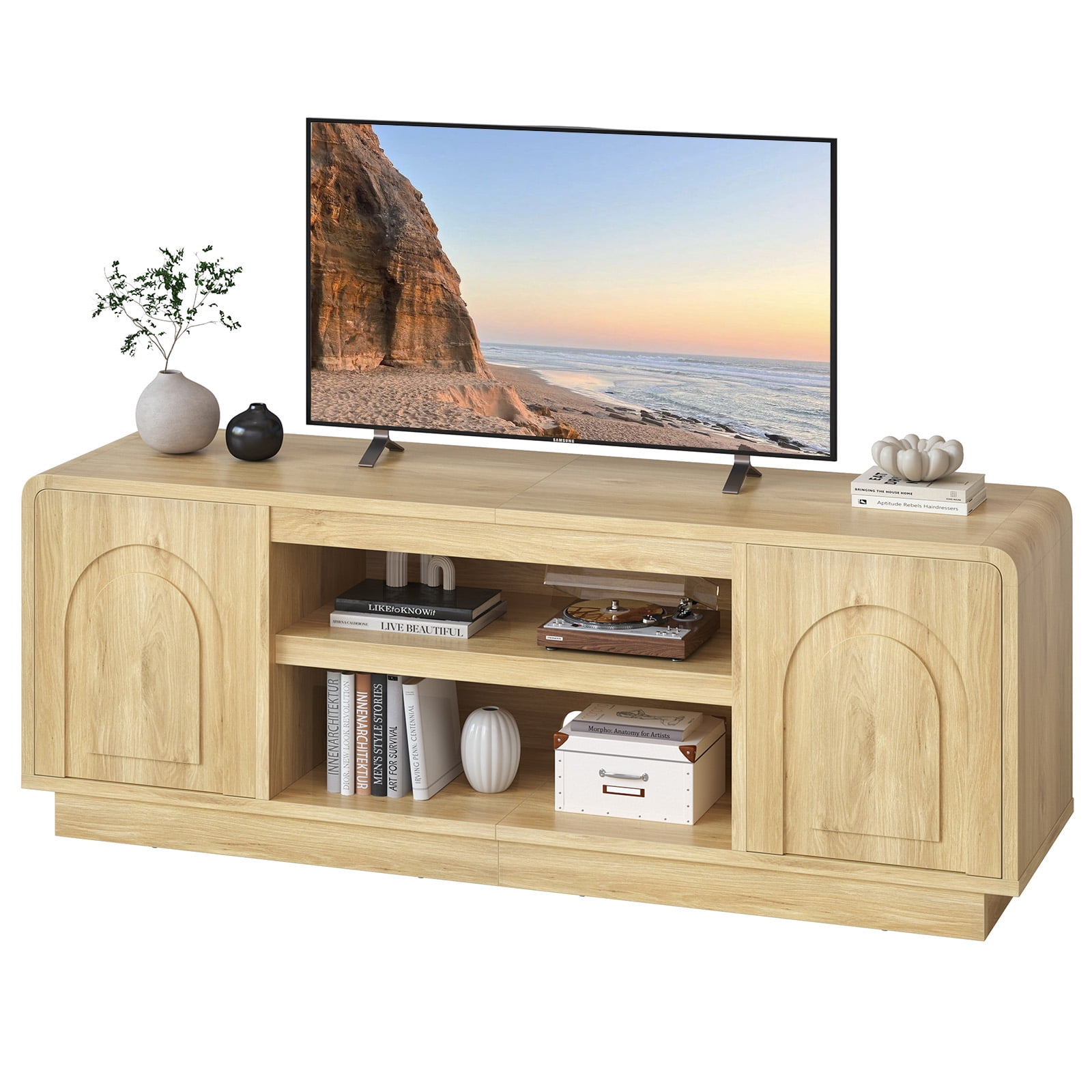 Bestier Arched Door Wooden TV Stand for TVs up to 70", Curved Corner Media Console with Open Shelf,Modern Entertainment Center with Dust-Free Enclosed Base,Natural Oak