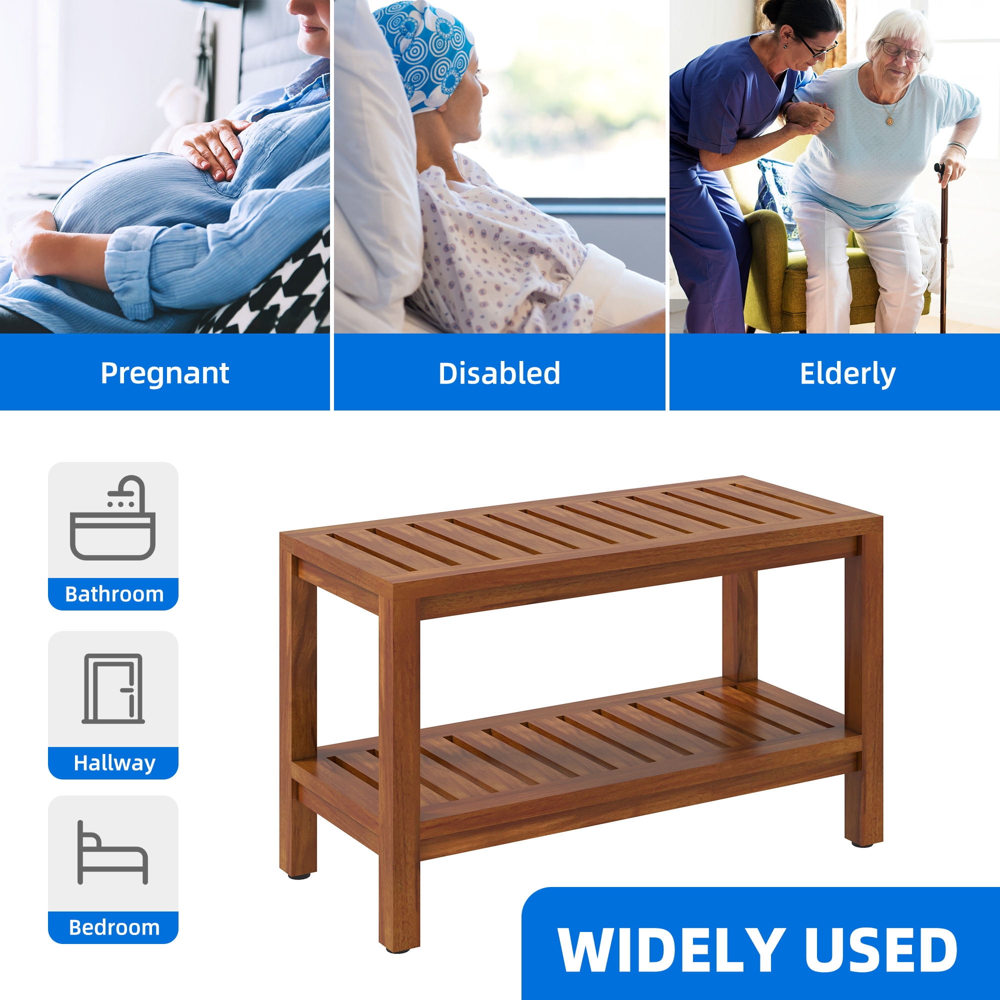 Uforic 30" Shower Seating Bench with Storage Shelf, Teak Wood Shower Stool with Non-Slip Pads, Brown
