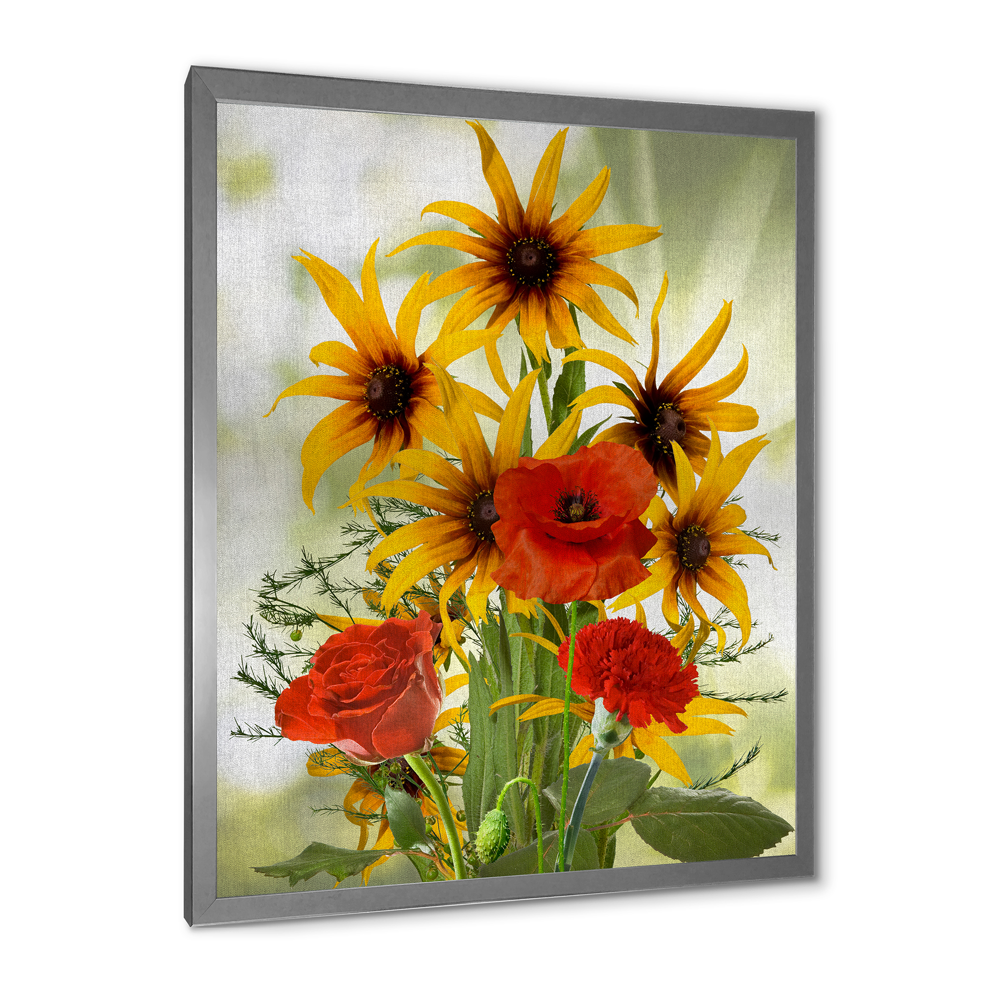 Designart 'Poppies and Sunflowers In The Wild' Traditional Framed Art Print