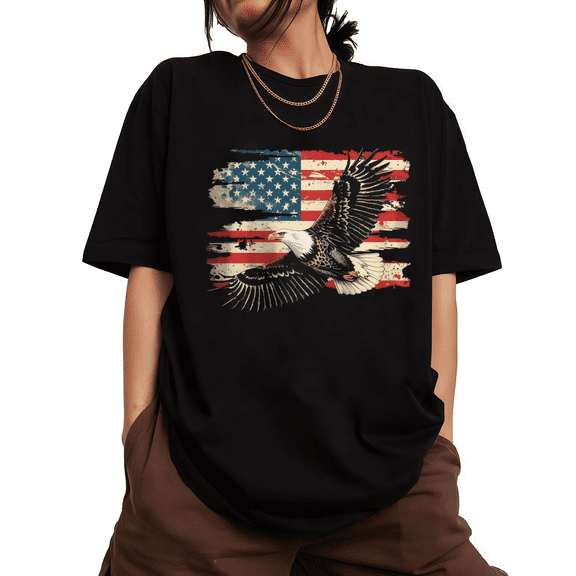 Distressed American Flag Flying Bald Eagle 4th Of July S-5XL Womens Graphic Short Sleeve T-Shirt Crewneck Black Top