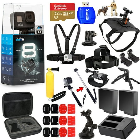 GoPro HERO8 HERO 8 Black All In 1 MEGA ACCESSORY BUNDLE for ALL Occasions with 2 Extra Battery and Charger, Sandisk 32GB, Head and Chest Strap, Dog Harness, Tripods, Selfie Stick and Much More