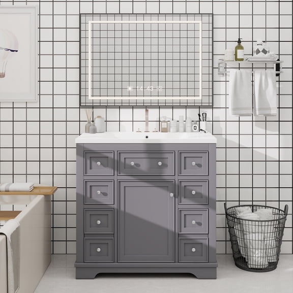 36" Bathroom Vanity with Sink Combo, One Cabinet and Six Drawers, Solid Wood and MDF Board, Grey