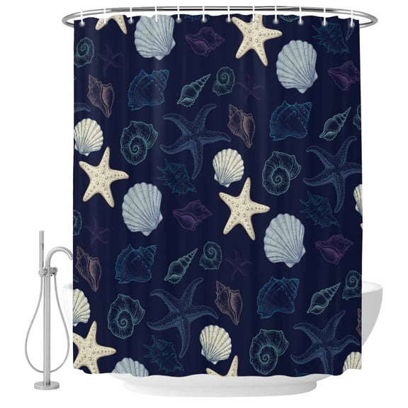 Nautical Coastal Shower Curtains for Bathroom, Waterproof Bath Curtains Decor, Bath Tub Curtain Ocean Beach Starfish Shell Conch Navy Blue Decorative Shower Curtain Sets with 12 Hooks, 72x72 Inch