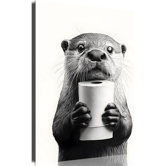 shiyou-Funny Animal Pictures for Bathroom Black and White Toilet Paper in Little Funny Raccoon's Hand Animal Bathroom Pictures Raccoon Canvas for Wall Decor Ready to Hang 8''x10''