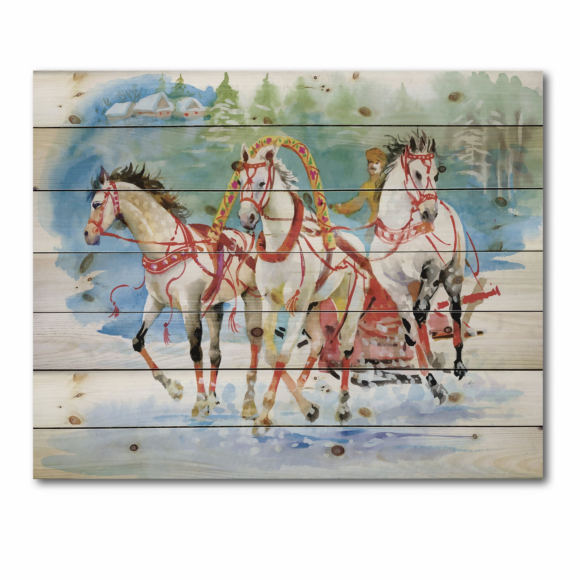 Designart 'Carriage In The Snow With Galoping Horses' Farmhouse Print on Natural Pine Wood