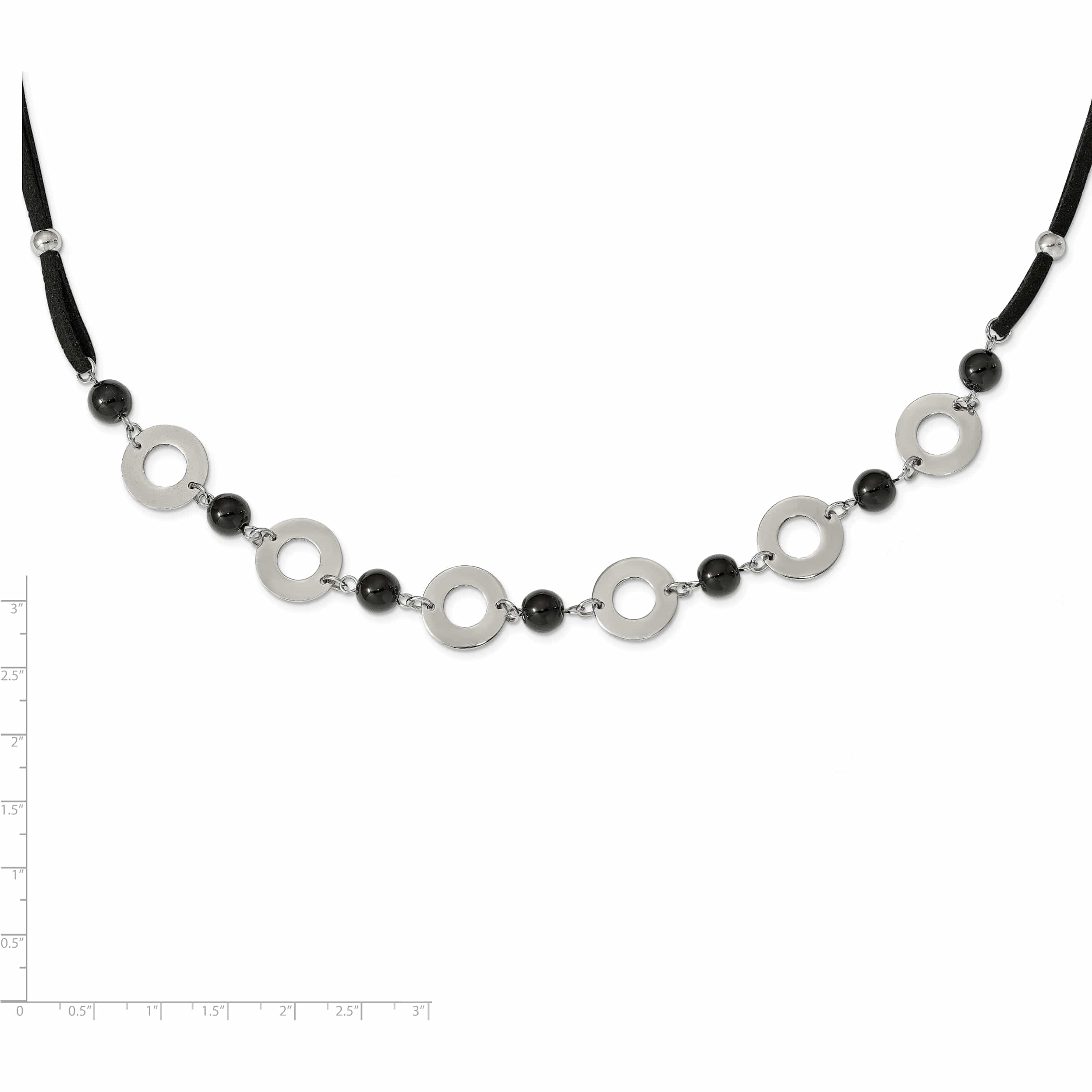 Stainless Steel Polished With Black Agate 1.5In Ext Leather Cord Necklace Made In China -Jewelry By Sweet Pea