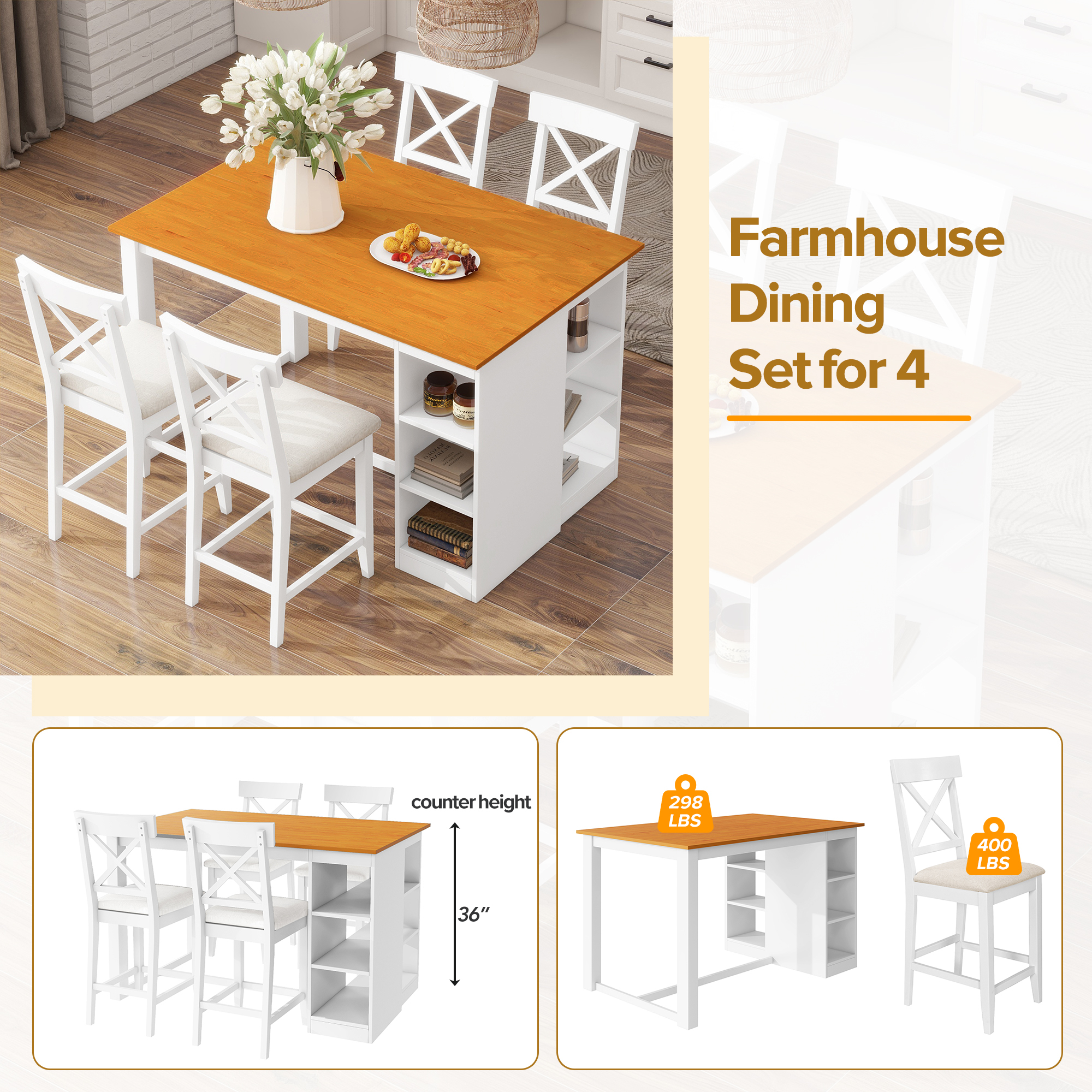 Euroco 5 Piece Counter Height Dining Table Set, Solid Wood Farmhouse Kitchen Table Set with Open Storage Shelves for 4,Peferct for Small Place,White