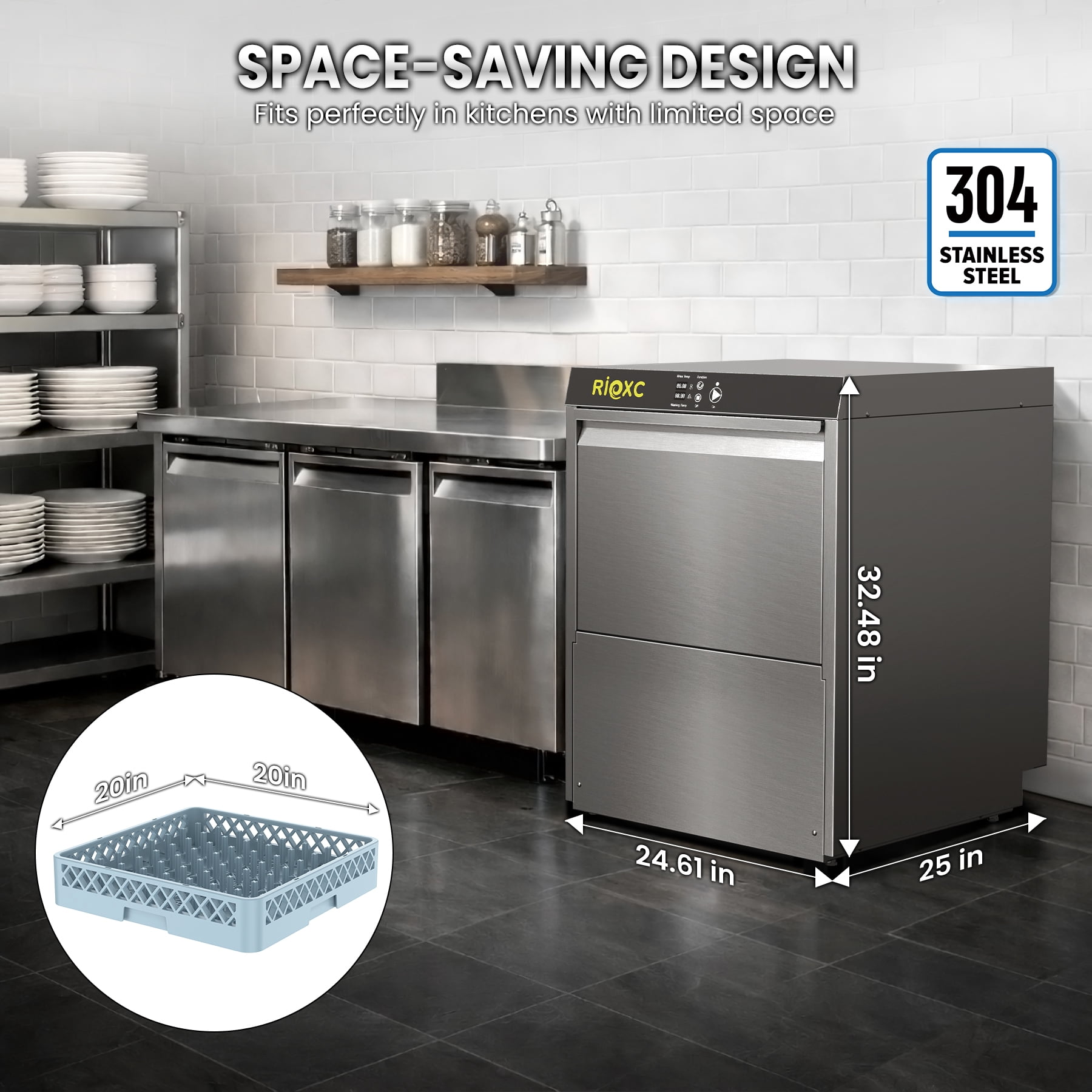 RIOXC Commercial Dishwasher, High-Temp Undercounter Dishwasher, 40 Racks/Hr, 208-240V, Stainless Steel, NSF & ETL Certified for Restaurant, Bar & Café