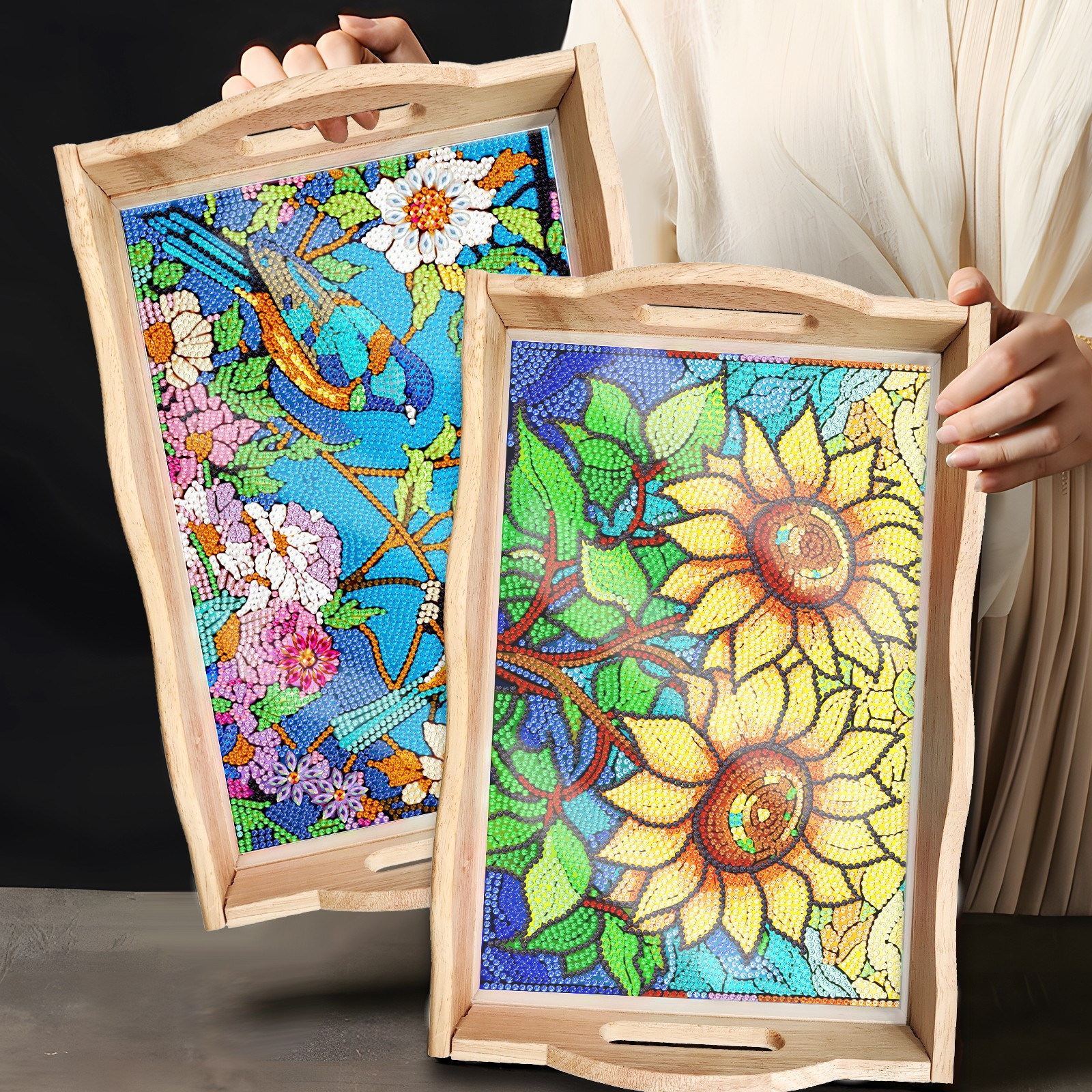 FLOPESN DIY Diamond Art Painting Tray,Handmade Wooden Tray Mosaic by Number Kits Diamond Art for Coffee Living Room Home Organizer-Birds singing and flowers fragrant