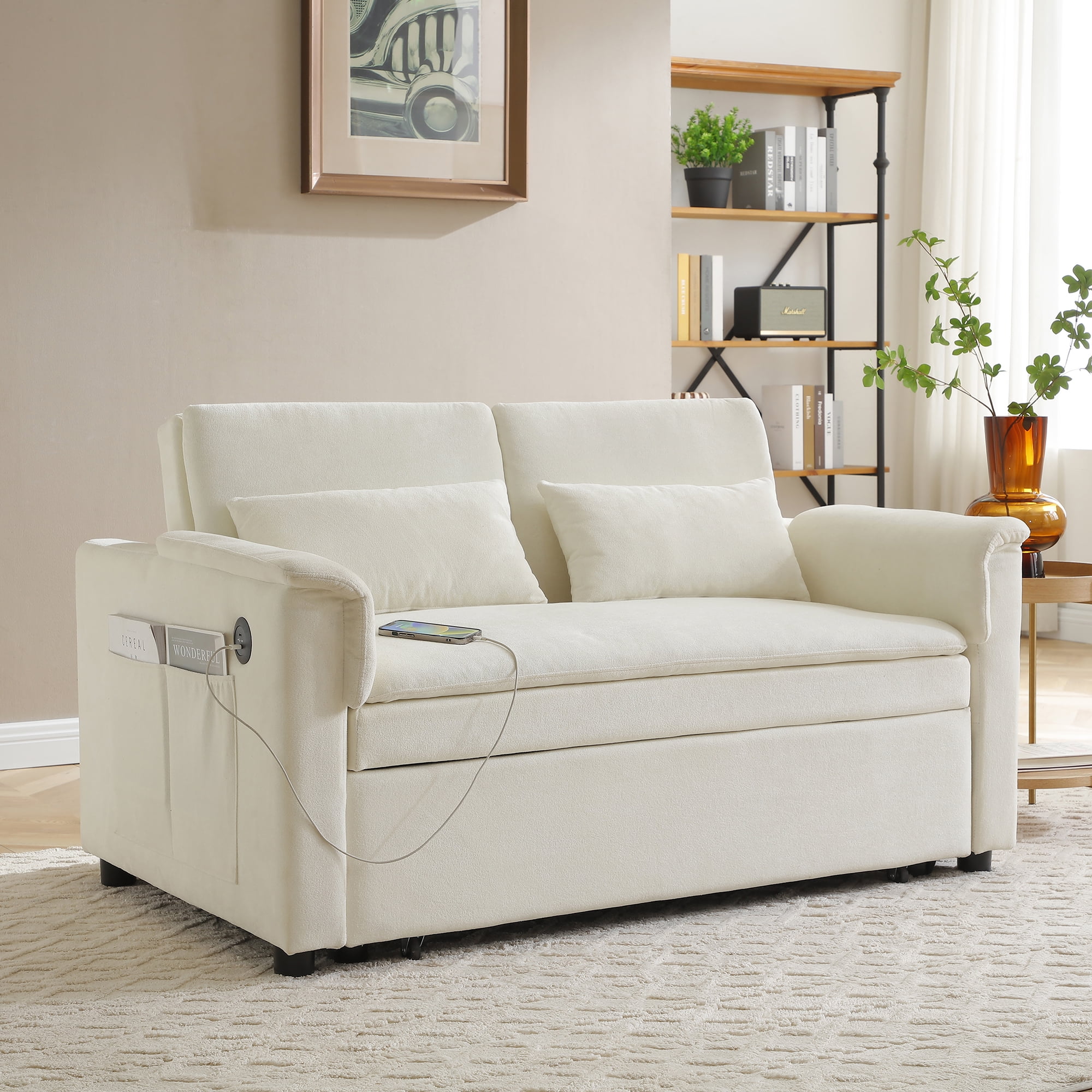 55" Convertible Sleeper Sofa Bed,3 in 1 Velvet Pull Out Sofa Bed with Adjustable Backrest & USB Ports,Modern Loveseat Sofa Couch for Living Room,Apartment,Beige