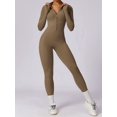 thumbnail image 6 of Women Long Sleeve Workout Jumpsuit Zip Up Romper Bottom Pants Bodysuit Bodycon Camel Brown M, 6 of 9