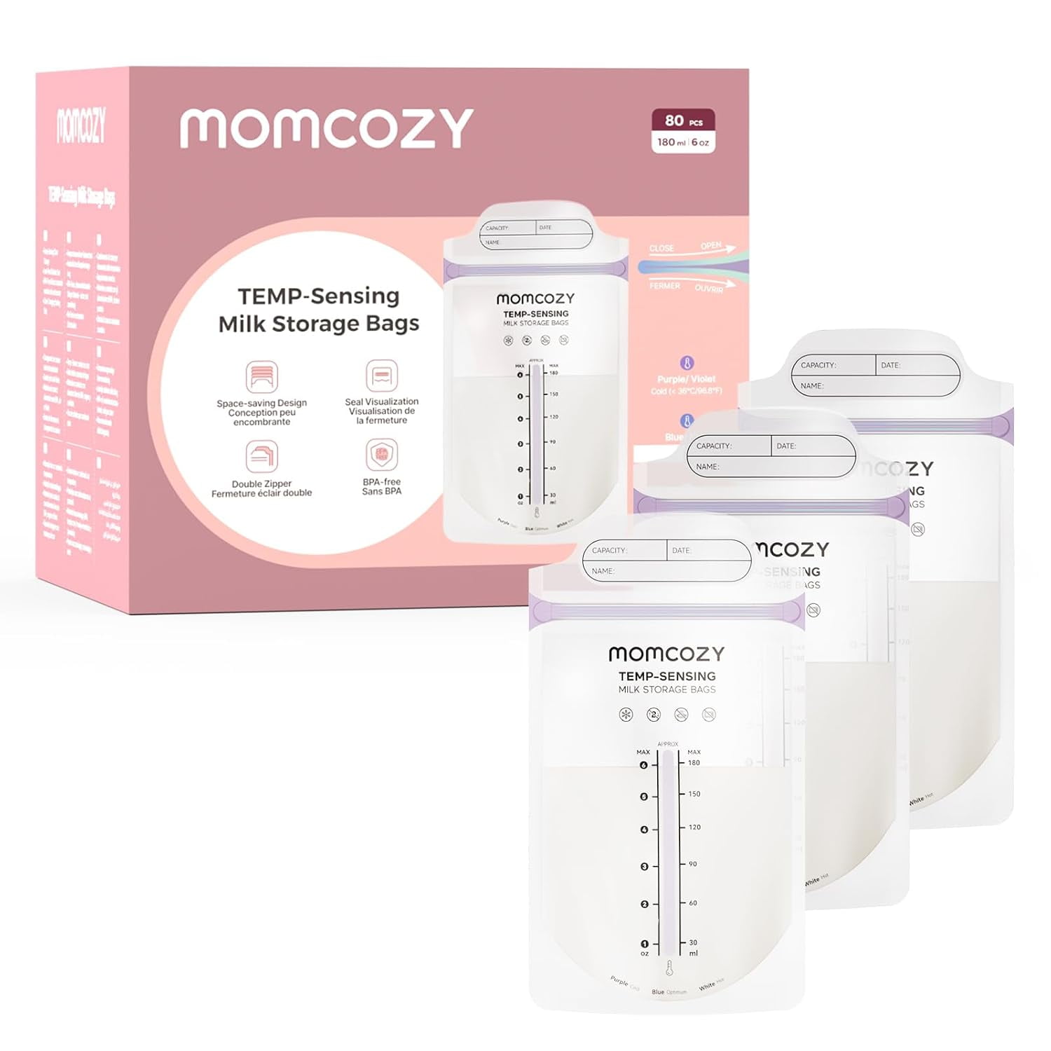 Momcozy Breastmilk Storage Bags 80 Ct, Temp-Sensing Discoloration Breastfeeding Storage Bag 6oz/180ml