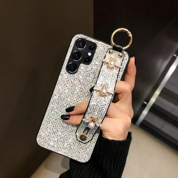 Samsung Galaxy S22 Ultra Bling Stand Holder Case Luxury Hand Strap Glitter Sparkle Diamond Bee Wrist Bracket for Woman Girls Protective Cover Case, 6.8 Inch, Silver