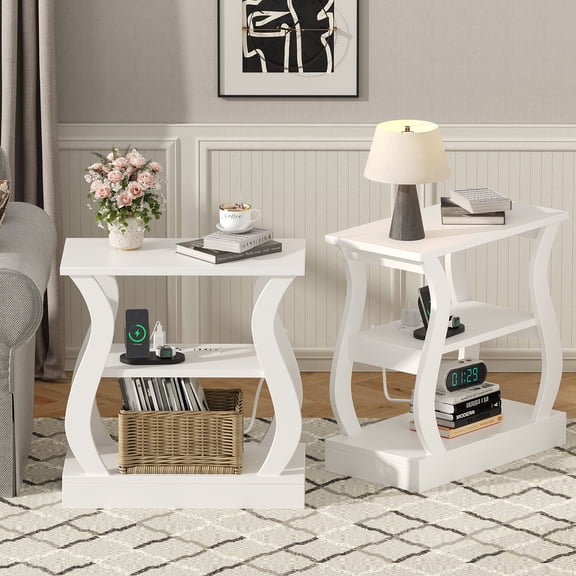 End Table with Charging Station Set of 2, 3-Tier Nightstand with USB Ports and AC Outlets, Small Space Side Tables for Living Room, Bedroom, or Couch, White