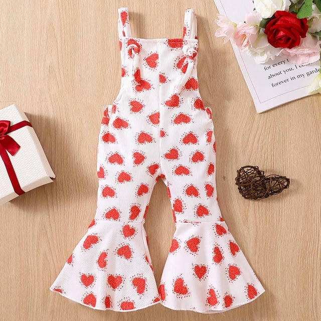 LSLJS Barboteuse Sans Manches à Bretelles pour Bébé Fille, Imprimé Cœur, Saint-Valentin, Pantalon Évasé
