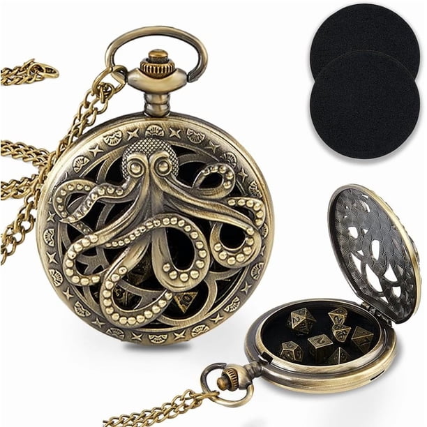 Set de dados en miniatura para Dungeons & Dragons (D&D), colgante mecánico de bolsillo con forma de pulpo de bronce, incluye 7 dados. Accesorios para juegos de mesa y rol.