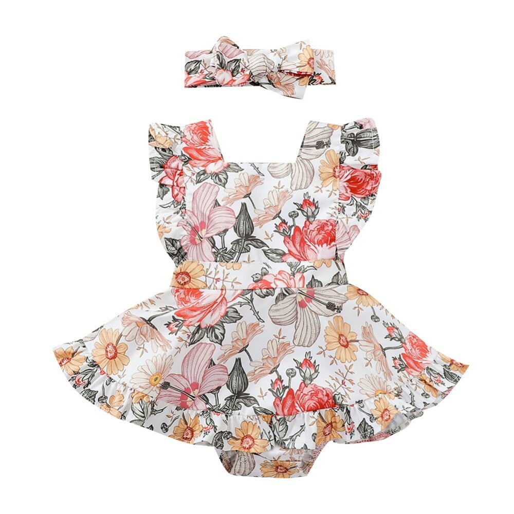 Toddler Baby Girls Skirt Set Ruffle Sleeve Floral Romper Bodysuit+Skirt Dress+Headband