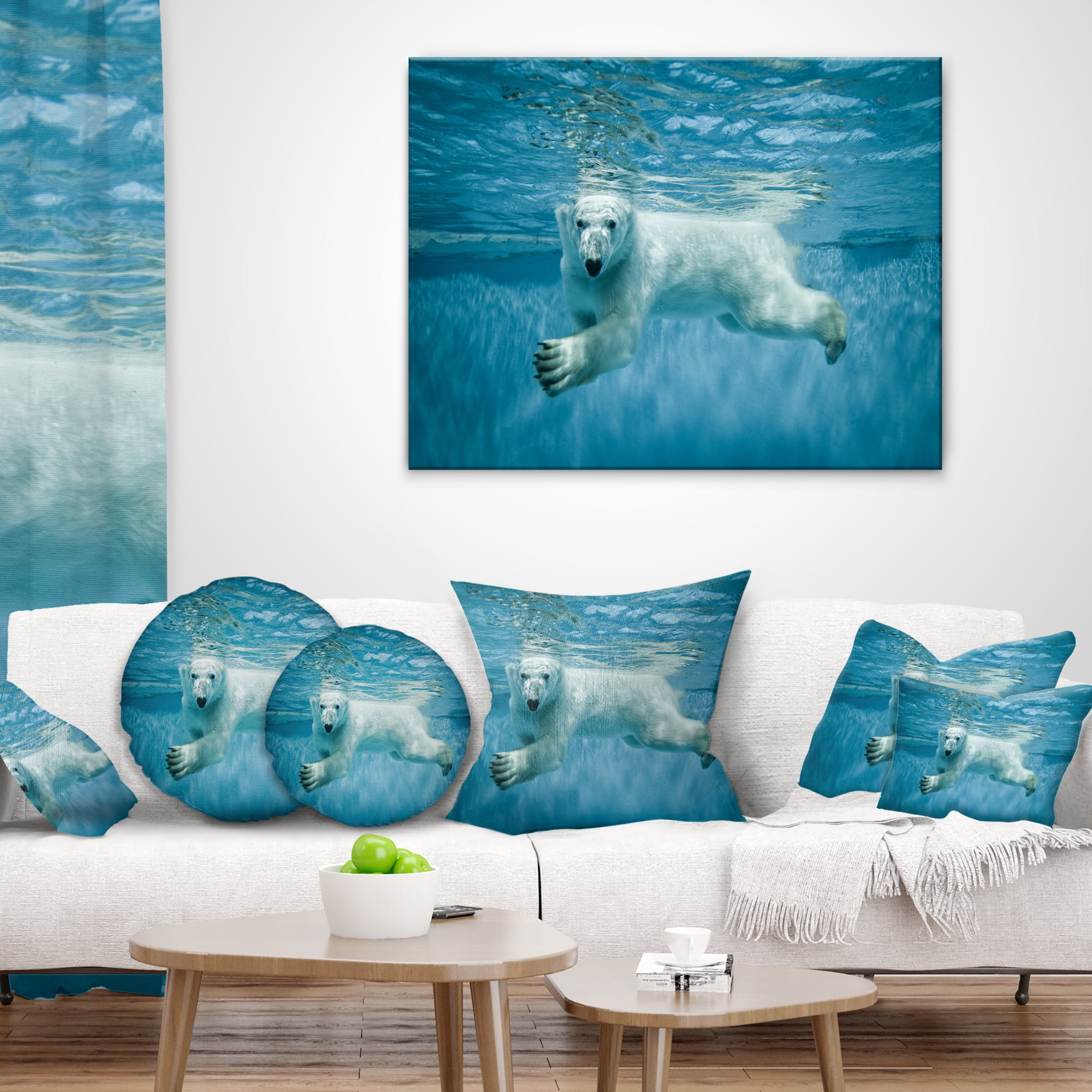 Designart Polar Bear Swimming under Water - Animal Throw Pillow - 16x16