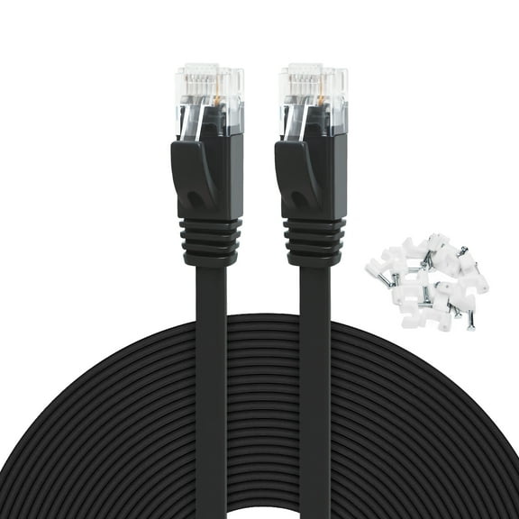 Cat6 Ethernet Cable 100ft, High Speed Solid Flat Cat 6 Gigabit Internet Network LAN Patch Cords with Cable Clips, Bare Copper Snagless RJ45 Connector for Gaming,PS5/4, Modem, Router(Black)